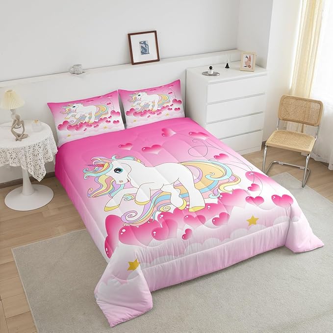 Girls Unicorn Comforter Set Full Girly Fantasy Rainbow Unicorn Bedding Set for Kids Little Girls, Pink Love Heart Duvet Sets Dreamy Horse Cartoon Magical Animal Down Comforter with 2 Pillowcases
