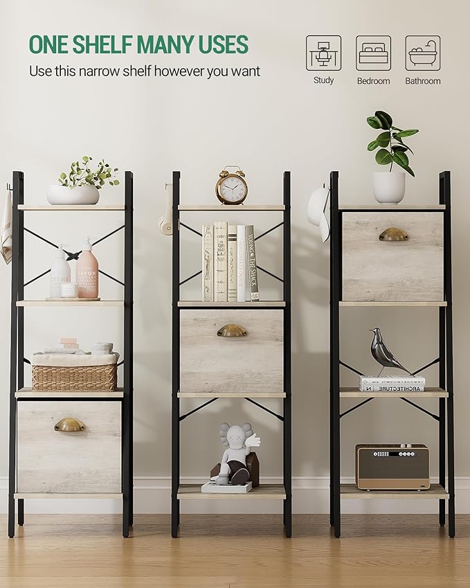 Narrow Bookshelf Bookcase with Drawer, Ladder Shelf with 2 Hooks, Bookshelves Storage Organizer, Freestanding Display Standing for Home Office, Bedroom, 4 Tier Greige BC19405B