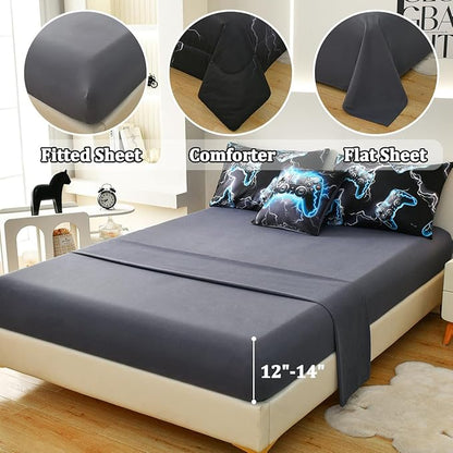 Game Console Full Comforter Set with Sheets, Microfiber 6 Pcs Bed in A Bag Full Size Gamer Bedding Set for Boys Kids Teens