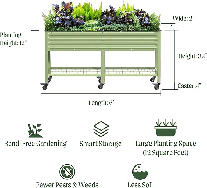 Rolling Elevated Raised Garden Bed-V Series, 2' x 6' Garden Beds with Legs & Storage Rack for Patio & Porch, 1000 Lbs Weight Capacity, Outdoor Planter Box for Vegetables Flower Herbs, Pearl White