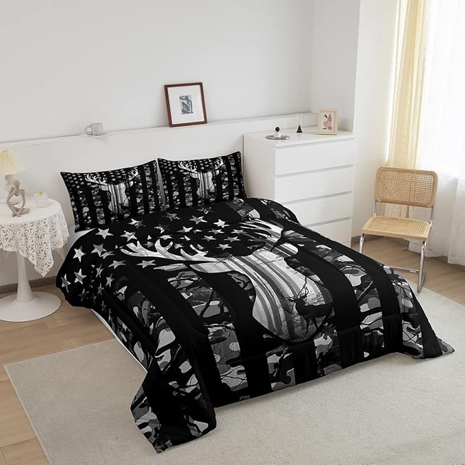 Black Grey Camo Comforter Set King Size,Camouflage American Flag Bedding Set,Deer Antlers Silhouette Down Comforter,Kids Teens Adults Bedroom Decor,Xmas Animal Rustic Duvet Insert,3Pcs,2 Pillowcases