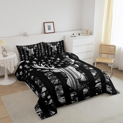Black Grey Camo Comforter Set King Size,Camouflage American Flag Bedding Set,Deer Antlers Silhouette Down Comforter,Kids Teens Adults Bedroom Decor,Xmas Animal Rustic Duvet Insert,3Pcs,2 Pillowcases