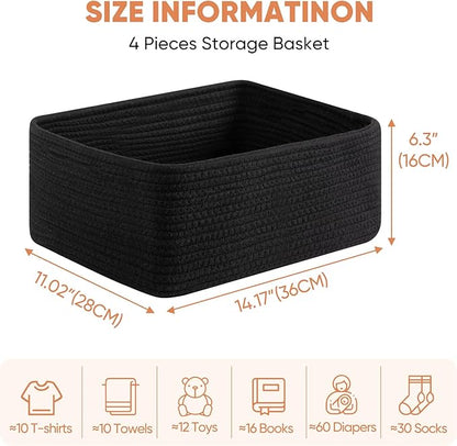 OIAHOMY 4 Pack 14.17*11.02*6.3IN Storage Baskets for Organizing Shelves, Woven Rope Baskets for Organizing Books, Clothes, Decorative Basket for Living Room, Nursery, Bedroom, Gift Basket, Black