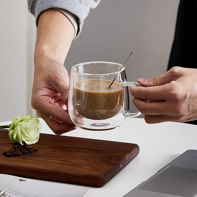 Double Wall Glass Coffee Mugs 10 Oz with Handle - Set of 1 | Insulated Clear Espresso Coffee Mug with Handle, Double Walled Coffee Cups for Cappuccino, Latte, Tea, Hot Drinks