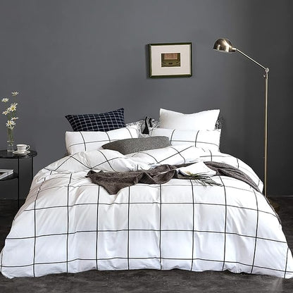 White Grid Comforter Set Big Grid Bedding Set Twin Cotton White with Black Plaid Printed Stripes Women Checkered Comforters Bedding Set White Grid Bed Blanket Set White Plaid Comforter