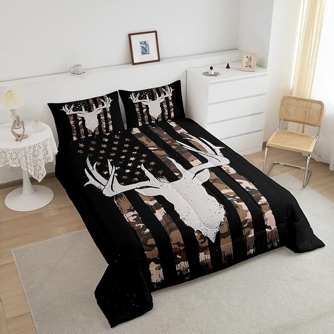 Erosebridal American Flag Bedding Full, Hunting Deer Theme Comforter Set for Kids Boys Youth Adults, Geometric Camo Stripes Bedding Comforter Sets Bedroom Decor with 2 Pillowcases