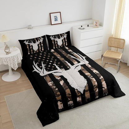 Erosebridal American Flag Bedding Full, Hunting Deer Theme Comforter Set for Kids Boys Youth Adults, Geometric Camo Stripes Bedding Comforter Sets Bedroom Decor with 2 Pillowcases