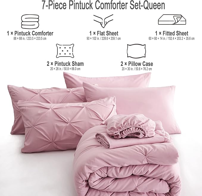 Ubauba 7pc Pink Queen Comforter Set, Pintuck Bed in a Bag Blush Bed Set with Comforters and Sheets 7 Piece, All Season Pinched Bedding Sets for Women (Pink,Queen Size)