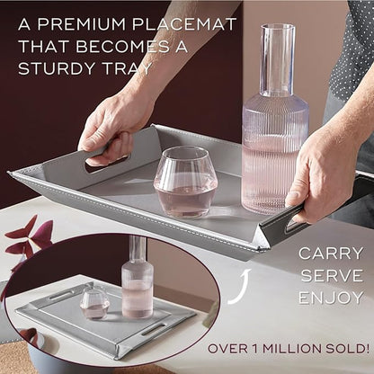 2-in-1 Serving Tray & Placemat | Faux Leather & Reversible | Lays Flat as a Placemat or Folds into an Ottoman Food Tray, Easy to Clean