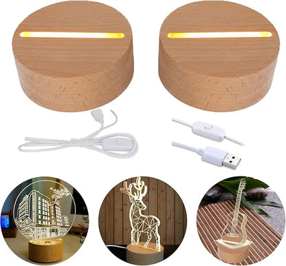 2Pcs 4" Round Wood LED Display Base, Warm Color Wooden Lighted Base Stand for Crystal Glass Resin Art, Acrylic and Plexiglass