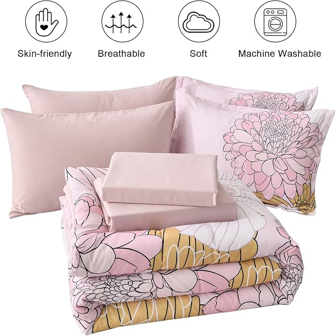 Pink Colorful Comforter Set King Size 7 Piece Floral Bed in a Bag Comforter for All Season Soft Microfiber Bedding Set for Teen Girls Women (103"×90")