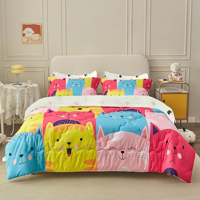 Wajade Kids Cute Cats Comforter Set Bed in A Bag Full Size 7 Piece Colorful Cartoon Pet Cats Bedding Set for Boys Girls (1 Comforter, 1 Flat Sheet, 1 Fitted Sheet, 2 Pillowcase and 2 Pillow Sham)