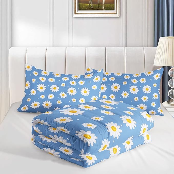 Datura home Flower Comforter Set Blue Daisy Floral Printed Pattern Quilt Bedding with 1 and 2 Pillowcases for Girls Women Bedroom All Season(Blue Full) Full 80x90inches