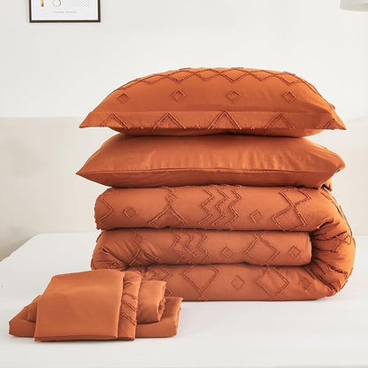 EMME Queen Comforter Set - 7 Pcs Pumpkin Boho Bedding Sets, Full Size Tufted Comforter with Sheets, Shabby Chic Embroidery Queen Bed Set Fluffy Bed Bag for All Season(90"X90")