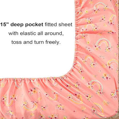 Mooreeke Full Size Comforter Sets for Girls Kids, 8 Pieces Bed in a Bag Pink Rainbow Flowers Bedding Comforter Sheet Set with Shams and Decorative Toy Pillow, Ultral Soft Microfiber Kids Bed Set