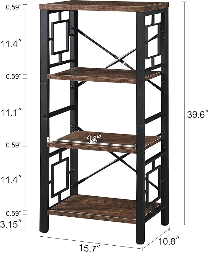 Bookshelf, Vintage Industrial 4 Tier Bookshelf, Freestanding Narrow Bookcase with Rustic Wood and Metal, Small Bookshelf for Home Office, Bedroom & Living Room, Retro Brown