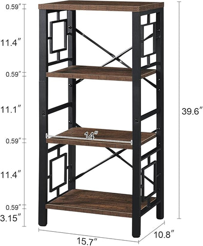 Bookshelf, Vintage Industrial 4 Tier Bookshelf, Freestanding Narrow Bookcase with Rustic Wood and Metal, Small Bookshelf for Home Office, Bedroom & Living Room, Retro Brown