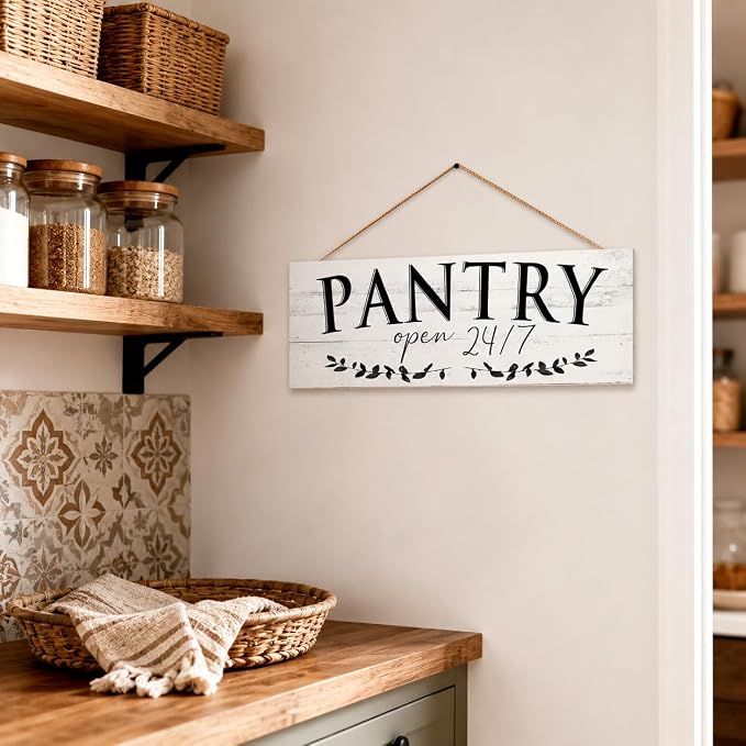 1 KINGO Rustic Pantry Signs Wall Decor: Farmhouse Kitchen Wall Art 6" x 14.5" Canvas Print Decorative Plaque Wall Hanging Open 24/7 Sign for Pantry Dining Room Home Decor