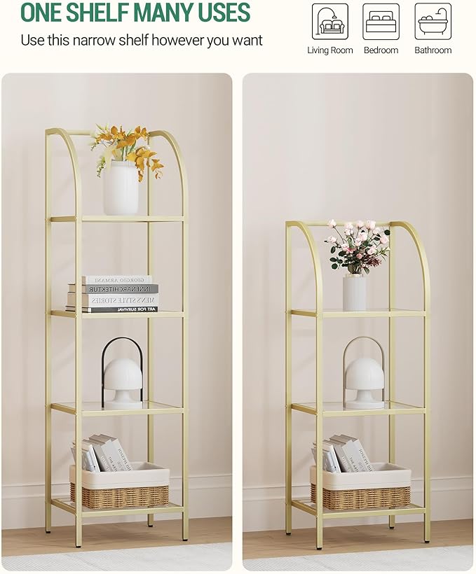 Bookcase Bookshelf, Tempered Glass Arched Bookshelf for More Storage, Slim Shelving Unit for Bedroom, Bathroom, Home Office, Steel Frame, 3 Tier Gold BC20399G