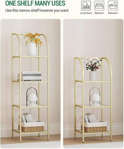 Bookcase Bookshelf, Tempered Glass Arched Bookshelf for More Storage, Slim Shelving Unit for Bedroom, Bathroom, Home Office, Steel Frame, 3 Tier Gold BC20399G