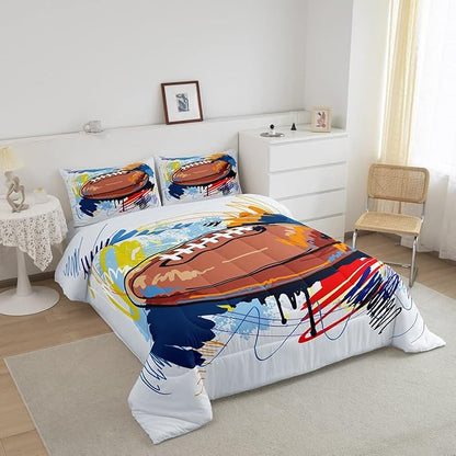 Boys Football Comforter Set Queen Kids Teen Sports Bedding Set Bedroom Decor,Watercolor Tie Dye Hand Drawn Graffiti Football Bedding Comforter Sets Rugby Quilt Duvet 2 Pillow Cases Colorful Brown