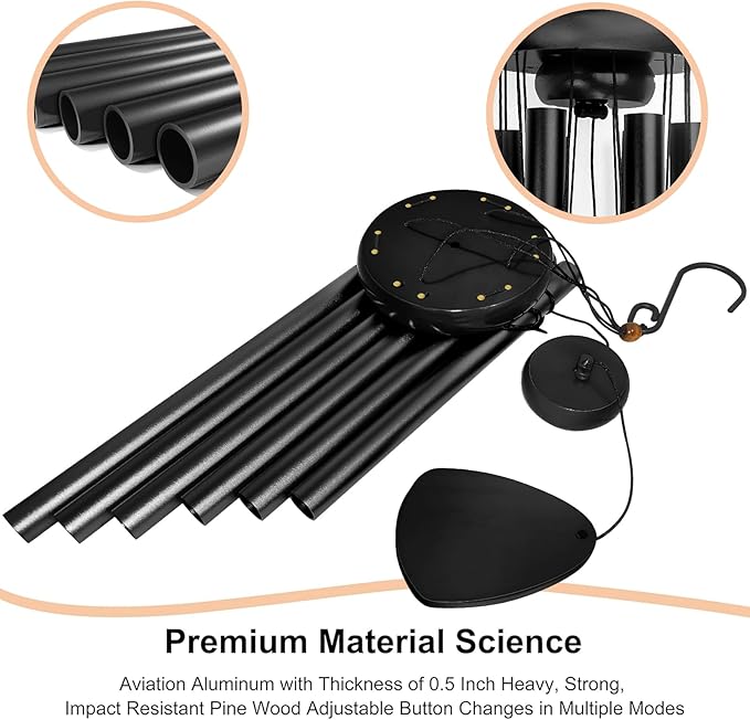 Large Aluminium Wind Chimes 37 Inches to Create a Zen Atmosphere Suitable for Outdoor, Garden, Patio Decoration. Classic Wind Chimes with Wind Catcher as a Gift for Unisex(Whole Black)