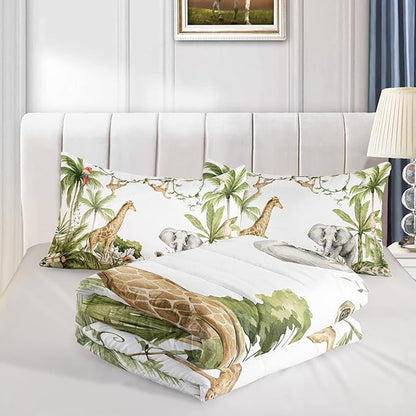 Elephant Giraffe Monkeys Comforter Full Size,Wild Animals Kids Comforter Set,3Pcs Bedding Set Printed Comforter with 2 Pillowcases,Down Alternative,Soft and Lightweight,for All Seasons