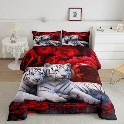 Tiger Comforter Set Twin, Red Rose Down Comforter Kids Girls Women,Red Image of Large Cat Playing with Water Cool Nature Animal Quilted Duvet Insert Gorgeous Floral Flower Bedding Comforters,Brown