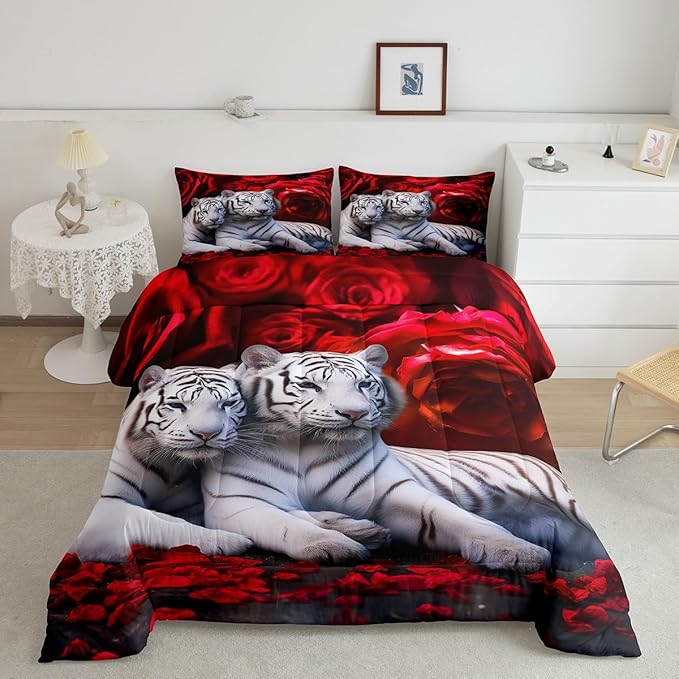 Tiger Comforter Set Queen, Red Rose Down Comforter Kids Girls Women,Red Image of Large Cat Playing with Water Cool Nature Animal Quilted Duvet Insert Gorgeous Floral Flower Bedding Comforters,Brown