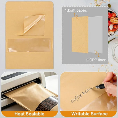 100 Pcs Kraft Paper Resealable Bags for Small Business (4 X 6.3 Inches) | Heat Sealable Zip Lock Stand Up Pouches with Clear Window for Food Storage, Samples, Party Favors