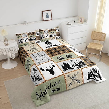 Camper Adventure Kids Comforter Set Queen Size,Deer Antlers Bear Paws Farmhouse Bedding Set for Boys Girls Adults Room Decor,Arrows Plaids Patchwork Down Comforter,Rustic Duvet Insert,2 Pillowcases