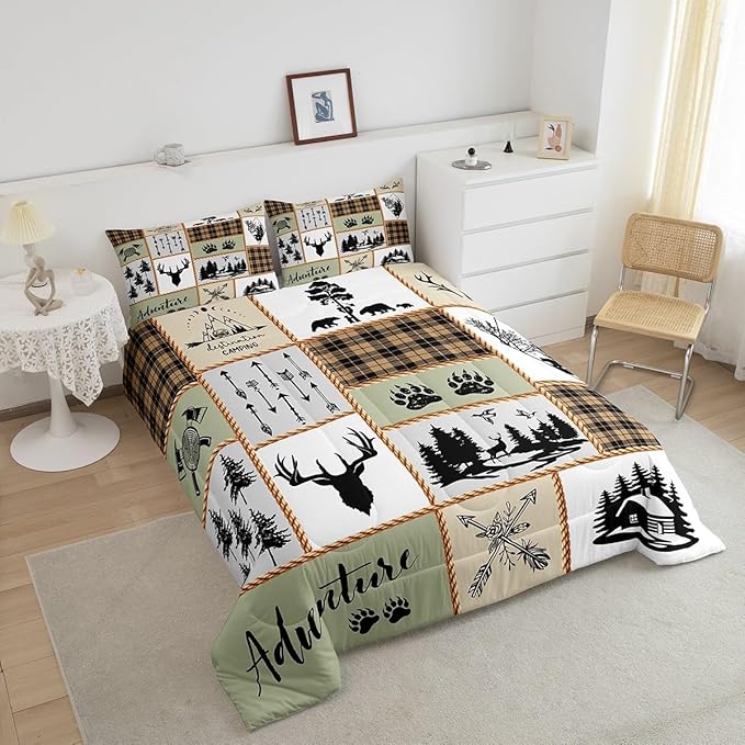 Camper Adventure Kids Comforter Set King Size,Deer Antlers Bear Paws Farmhouse Bedding Set for Boys Girls Adults Room Decor,Arrows Plaids Patchwork Down Comforter,Rustic Duvet Insert,2 Pillowcases