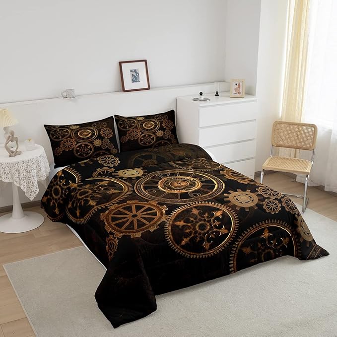 Golden Ndustrial Gear Comforter Set Twin Size Steampunk Style Bedding Set Clocks Theme Bedding Sets & Collections For Kids Boys Teens Men Mechanical Device Quilt Set,Retro Style Bedroom Decor