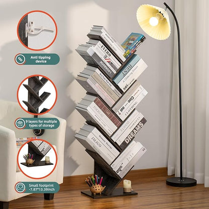 10 Tier Tree Book Shelf, Floor Standing Wood Bookshelf for Narrow Space, Storage Organizer Bookshelves for Books/CDs/Magazine, Bookcase with Shelves for Home Office, Living Room - Dark Grey