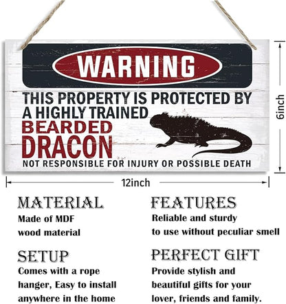 Warning Sign, Bearded Dracon Warning Wood Plaque Sign, Funny Door Signs, Decorative Wood Hanging Suspension Plaque, Farmhouse Wooden Wall Decor, Outdoor Hanging Wooden Signs