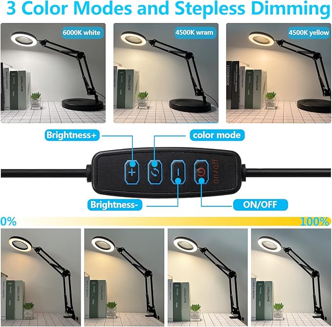 5X Magnifying Glass with Light and Stand, KIRKAS 2-in-1 Real Glass Lens Magnifying Desk Lamp with Clamp, 3 Color Modes, Stepless Dimmable Magnifier Light for Close Work Repair Reading Crafts- Black