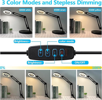 5X Magnifying Glass with Light and Stand, KIRKAS 2-in-1 Real Glass Lens Magnifying Desk Lamp with Clamp, 3 Color Modes, Stepless Dimmable Magnifier Light for Close Work Repair Reading Crafts- Black
