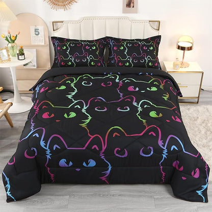 ENCOFT Cat Comforter Set Queen for Girls and Boys Premium 3 Piece Cats Bedding Set Black Comfortable and Breathable for Teens and Adults with 1 Comforter and 2 Pillowcases