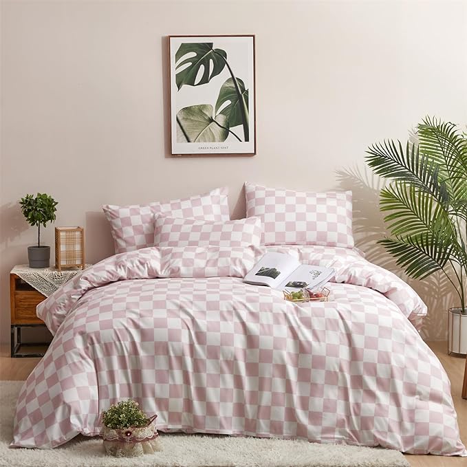 Wellboo Pink White Plaid Comforter Sets Twin Women Men Bean Pink and White Checkerboard Grid Bedding Comforters Cotton Boys Girls Modern Dusty Pink Checkered Geometric Quilts Luxury Abstract Bed