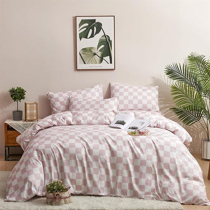 Wellboo Pink White Plaid Comforter Sets Twin Women Men Bean Pink and White Checkerboard Grid Bedding Comforters Cotton Boys Girls Modern Dusty Pink Checkered Geometric Quilts Luxury Abstract Bed