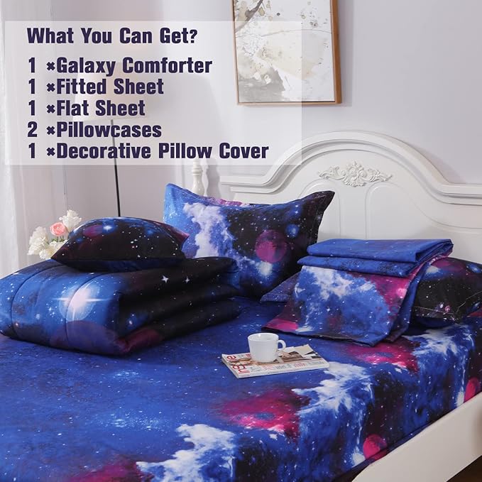 JQinHome Queen Galaxy Comforter Sets 6 Piece Bed in A Bag, Outer Space Themed Bedding for Children Boy Girl Teen Kids - (1 Comforter, 1 Flat Sheet, 1 Fitted Sheet, 2 Pillowshams, 1 Cushion Cover)