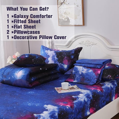JQinHome Queen Galaxy Comforter Sets 6 Piece Bed in A Bag, Outer Space Themed Bedding for Children Boy Girl Teen Kids - (1 Comforter, 1 Flat Sheet, 1 Fitted Sheet, 2 Pillowshams, 1 Cushion Cover)