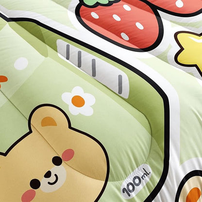 Datura home Kawaii Strawberry Bear Comforter Bedding Set for Kids Boys and Girls Teens,Cute Cartoon Fruit Print Light Green with 1 2 Pillowcases(Kawaii Full), Full 80x90inches