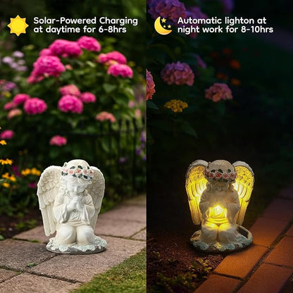 Solar Angel Prayer Statue, Memory Guardian Garden Decor with Warm Light - Religious Outdoor Decor, Auto On/Off LED Light, Memorial Gift for Cemetery, Patio & Gravesite