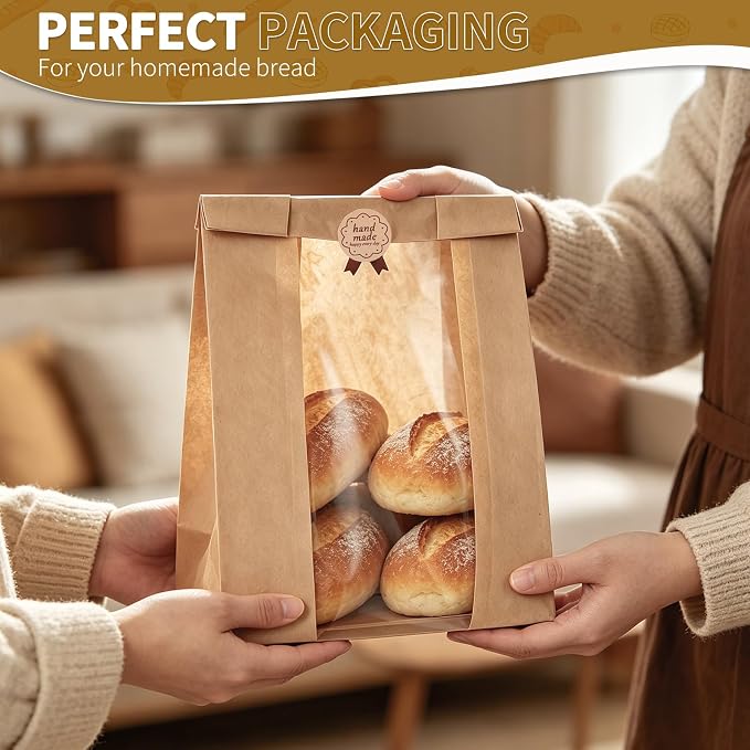 Banana Bread Packaging, Bread Packaging for Homemade, 50 Pcs 13.78" × 8.27" × 3.54" Bags with Clear Window and 50 Stickers, Water and Oil Repellent, Easy to Use, Well-Sized for Baked Goods