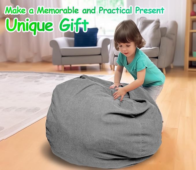 Stuffed Animal Storage Bean Bag Chair Cover (No Filler) Organizing Children's Plush Toys for Kids and Adults Keep your Memory Foam More Organized Gray