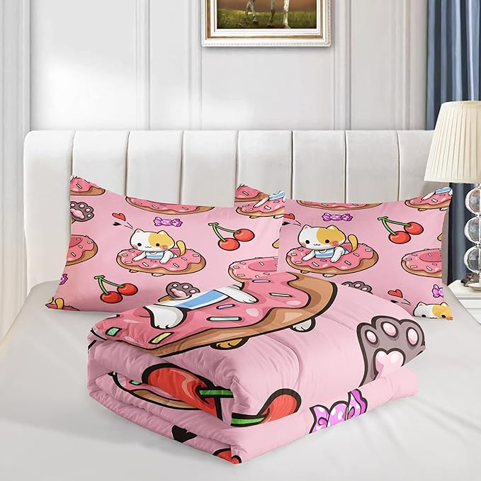 Kawaii Cat Comforter Full Size,Doughnut Cherry Cat Comforter Set for Kids Teens Girls,3Pcs Bedding Set Printed Comforter with 2 Pillowcases,Soft and Lightweight(Pink，Full Size)