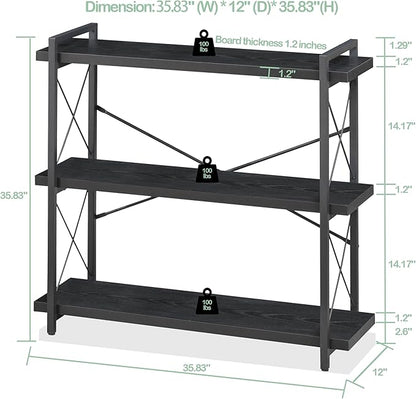 HCHQHS Bookshelf, 3-Tier Industrial Bookcase, Black Open Book Shelf, Freestanding Horizontal Bookshelves with Metal Frame