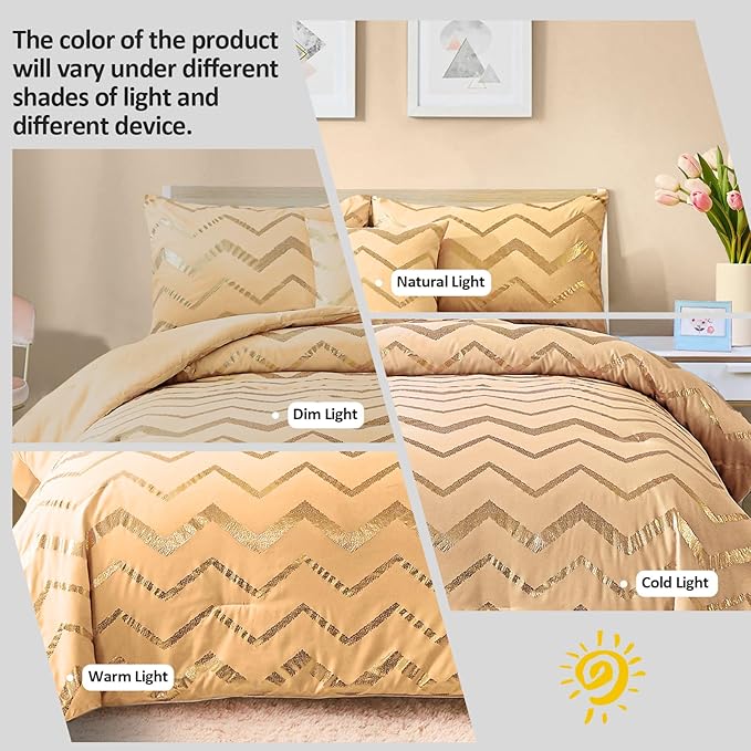 Yellow Gold Comforter Set Queen Size Metallic Bedding Set for Girls Lightweight Microfiber Comforter Set,4 Piece (2 Matching Sham + 1 Decorative Pillow)