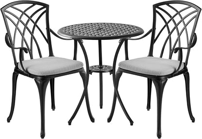 3 Piece Patio Bistro Set with Cushions, Outdoor Bistro Table and Chairs Set of 2 with Umbrella Holes, All Weather Bistro Table Set for Garden Porch Pools